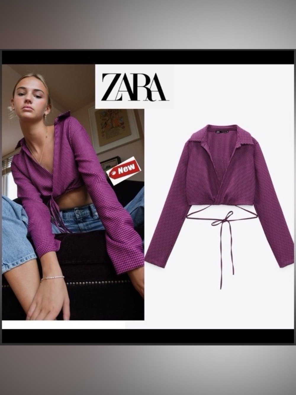 ZARA Plum Cropped Tie-Front Shirt Size M NWT